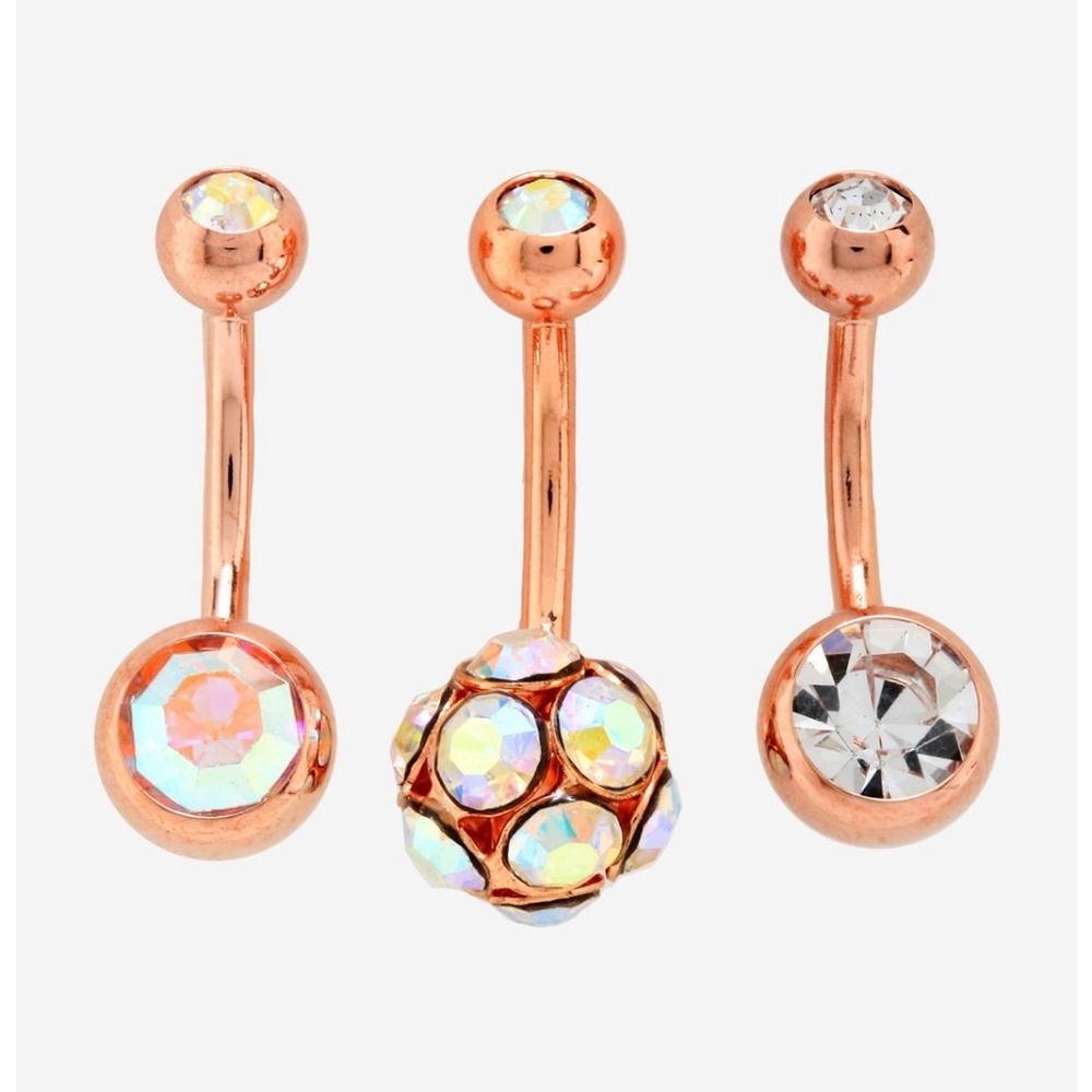 Morbid Metals 14G Steel Rose Gold Sparkle Clear AB Crystal Navel Barbell 3 Pack
